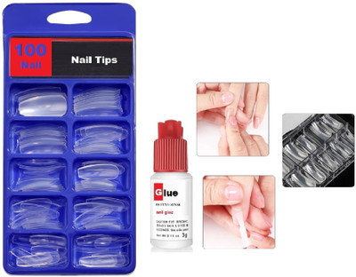 FELICECHIARA New Artificial Transparent Color Long Acrylic False Fake Nails With Free Glue TRANSPARENT(Pack of 100)