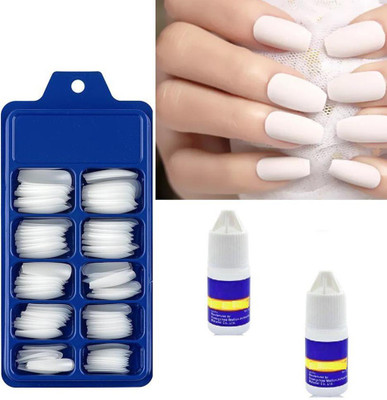 Facejewel Artificial 100Pcs Nails & 2 Glue Transparent White(Pack of 102)