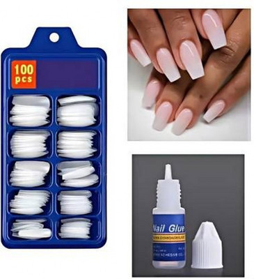 kHUDAt ot Artificial Gold Finger Empress Curve Tips Fake Nails(white) with Glue White(Pack of 100)