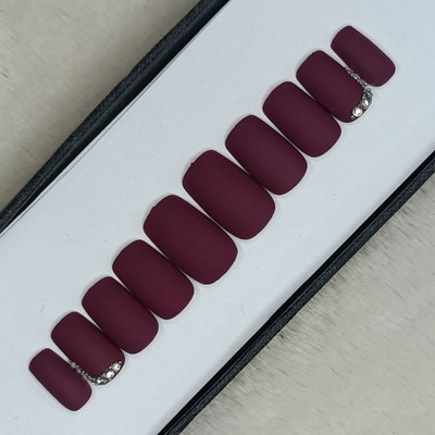 Shhagan Matte Plum With Rhinestones Designer Artificial Press-on-Nails with Glue 522 Very dark desaturated red, Multicolor(Pack of 12)