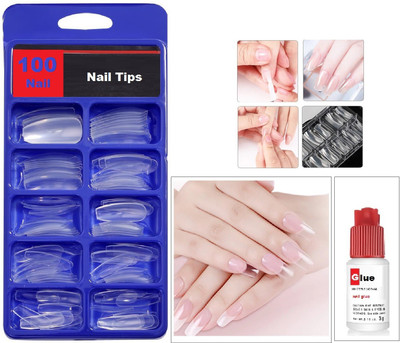 Herrlich Acrylic False Fake Nails With Free Glue TRANSPARENT TRANSPARENT(Pack of 100)
