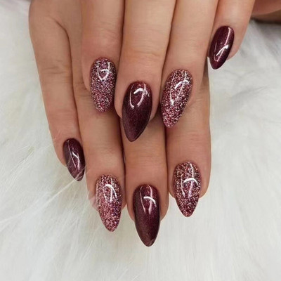 kyiesh Reusable Maroon Glittery Artificial Press On Nails Maroon(Pack of 24)
