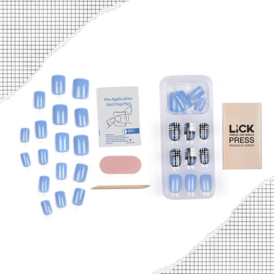 Lick - Press on Nails fake nails_Nail Press-n1_563 Blue With Checkered Print(Pack of 30)
