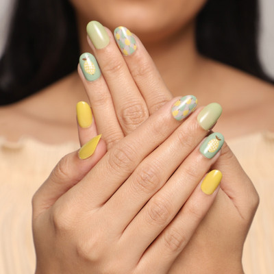 Lick - Press on Nails Artificial NailsSet Glossy Light Green Oval Shape Yellow and Green Shade With Summer Prints(Pack of 12)