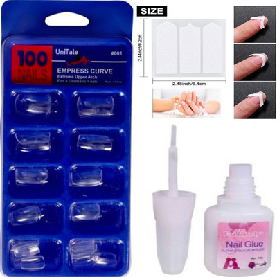 UniTale Best 100pcs Reusable Transparent False Nail Tips ,Strong Glue, Tip Guide Sticker Transparent(Pack of 100)