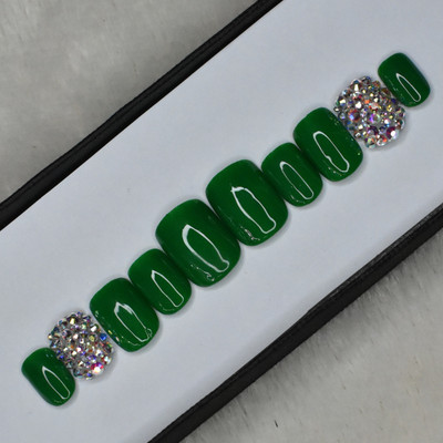 The NailzStation Glossy Green AB Rhinestones Fake Nails / Artificial Nails/ Press on Gel Nails in Square with nail application kit Green(Pack of 12)
