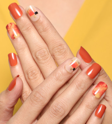 Lick - Press on Nails Artificial NailsSet Glossy Orange Crimson Red With White Graphic Print(Pack of 30)