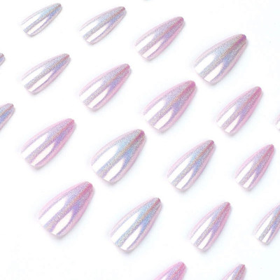 NAKHI 24 Reusable Artificial Fake Nail Set Base Purple color with Glitter Glossy Nails Lavender(Pack of 24)