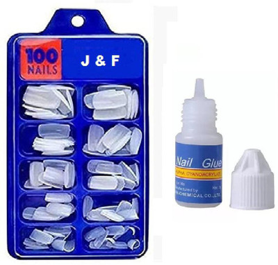 J & F Hinshitshu Best Quality 100 Fake Nails With Glue white(Pack of 100)