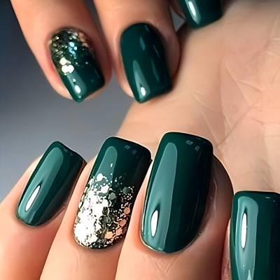 The NailzStation Glitter ombre Designer Fake Nails with glue application kit Green(Pack of 12)