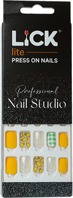 Lick - Press on Nails 30 Pcs Matte Yellow Fake/False Nails Acrylic Artificial Nails Extension-571 Square Shape Lemon Yellow With Silver Glitter And Green Checkered Print(Pack of 30)