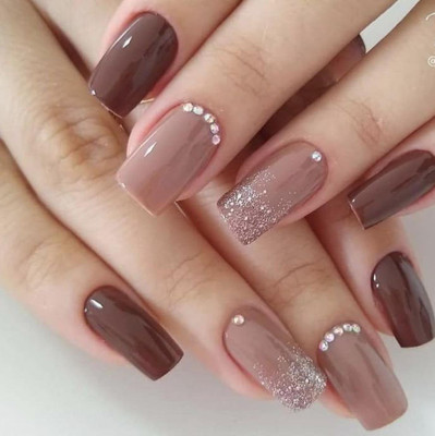 The NailzStation Studded Fake Artificial Press on Nails with glue application kit Brown(Pack of 12)