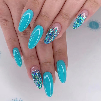 kyiesh Reusable Glittery Party Look Press on Nails Sky Blue(Pack of 24)