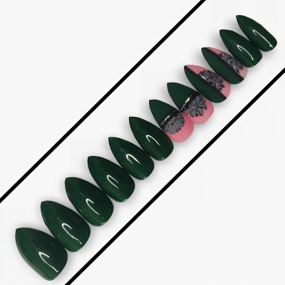 Shhagan Dark Green Floral Fake Artificial Press on Nails Glossy Finish, Almond Shape(Pack of 12)