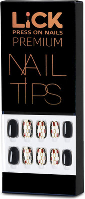 Lick - Press on Nails 30 Pcs Reusable Artificial/Fake/False Acrylic Nails Set With Application Kit-673 Almond Shaped Jet Black And White With Golden Line(Pack of 30)