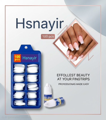 HSNAYIR Artificial Fake Nails WIth Glue off white WHITE(Pack of 100)