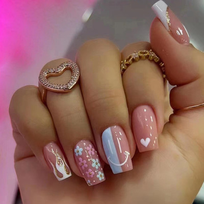kyiesh Reusable Designer Printed Press on Nails Mauve, Sky Blue(Pack of 24)