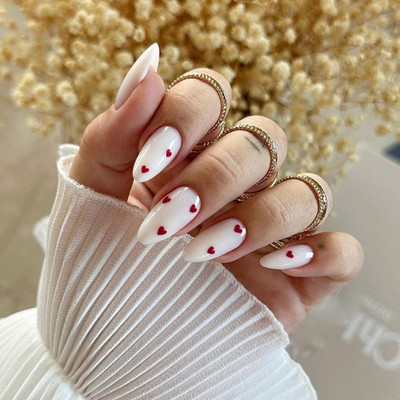 kyiesh Reusable Glossy Heart Printed Press on Nails White(Pack of 24)