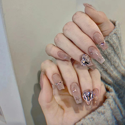 KILLFE Artificial Reusable Nails 24Pcs Set peach color pink crystal heart Parten Multicolor(Pack of 24)