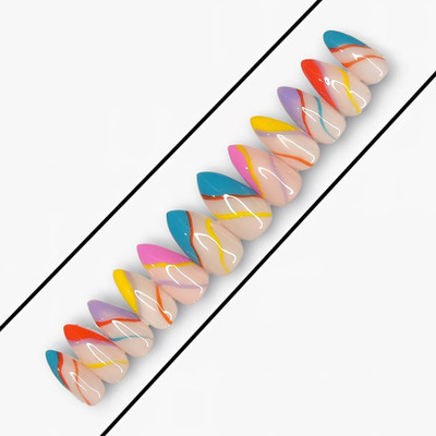 Shhagan Glossy Almond Colorful Side French Swirls 02 Multicolor(Pack of 12)