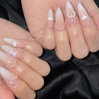 The Pink Truck Set of 24 Artificial Reusable nails in Hearts with pearls design with glue Cream(Pack of 24)