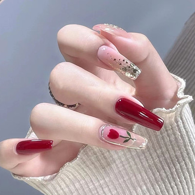 KILLFE Artificial Reusable Nails 24Pcs Set Dark red color glitter flower Parten. Multicolor(Pack of 24)