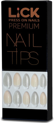 Lick - Press on Nails 12 Pcs Acrylic Reusable Artificial/Fake/False Nail Extension Nails Art Kit-806 Beige & Glittered Grey(Pack of 12)