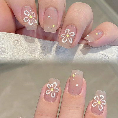 NAKHI 24 Reusable Artificial Nail Set | Base Peach colour with Flower Design Nails Peach(Pack of 24)