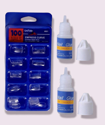 UniTale Salon Quality Shining Transparent 100 Tips Fake Nail Extension and 2xStrong Glue Transparent(Pack of 100)
