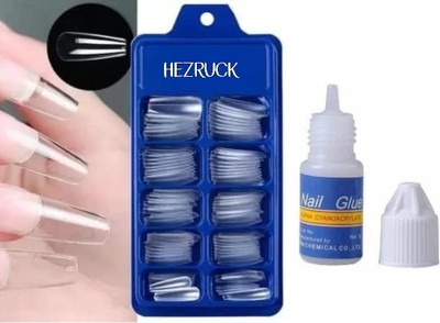 Hezruck 100 Pcs Transparent Artificial Nails with Nail Glue Transparent(Pack of 100)