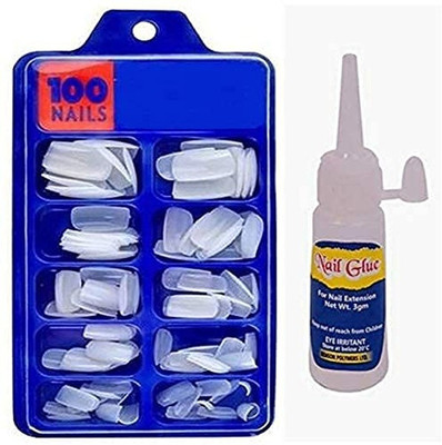 lanellie Artificial Nails Set Of 100 Pcs and Artificial Nail Glue 3gm White(Pack of 100)