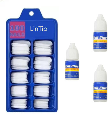 lintip 100 Artificial Nails With 3pc Glue White(Pack of 100)