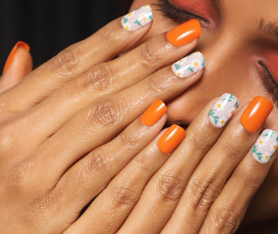 Lick - Press on Nails 30 Pcs Orange Glossy French Manicure Reusable False/Artificial Acrylic Nails-630 Square Shape Tangerine Orange And White Base With Floral Detailing(Pack of 30)