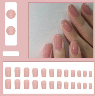 AKISON Medium Long Artificial Nails with Glue Tabs Designer Fake Nails Press on Nails Square Shape glossy light pink(Pack of 24)