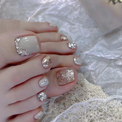 The Pink Truck Set of 24 Artificial Reusable Toe nails in Silver Golden with Swarovski Golden, Silver(Pack of 24)
