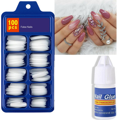 Facejewel Fabulous 100pcs Artificial Reusable False Artificial Nails & Glue White(Pack of 100)
