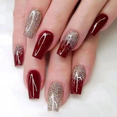 YUFUFUL Red Gradient Press On Nails Glossy Medium Length Ballet Shape Acrylic Nails Mixed colors(Pack of 24)