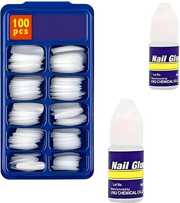 Plethora Artifical Reusable Nails 100 pcs And 1pc nail glue white(Pack of 100)