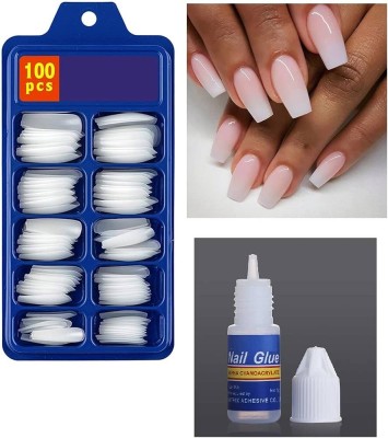 LOBE MIRACLE False Nail with Glue Artificial Fingernails Decor Women Girls Acrylic Nail Off White(Pack of 100)