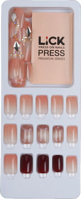 Lick - Press on Nails 30 Pcs Reusable French Manicure Studded Artificial Nails False Nail Extension Glossy Maroon Printed Light Maroon And Studded Ombre Pink(Pack of 30)