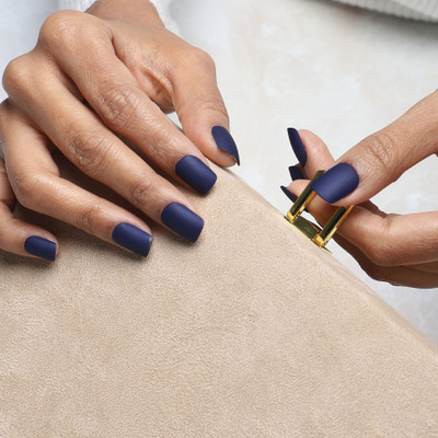 Lick - Press on Nails 24 Pcs Matte Blue Reusable Stick on False/Artificial _ With Application Kit-535 Square Shape Navy Blue(Pack of 24)