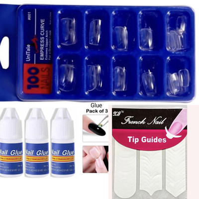 UniTale 100Pcs Transparent Artificial Nails Best False 3x Glues and Tip Guide Transparent(Pack of 100)