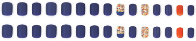 Lick - Press on Nails Matte Blue Artificial Acrylic _ Art Square Shape Dark Blue With Printed Red-754 Dark Blue With Printed Red(Pack of 30)