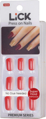 Lick - Press on Nails 12 Pcs Coral Pink Artificial/False Reusable Acrylic Nails With Application Kit Square Shape Coral Pink(Pack of 12)