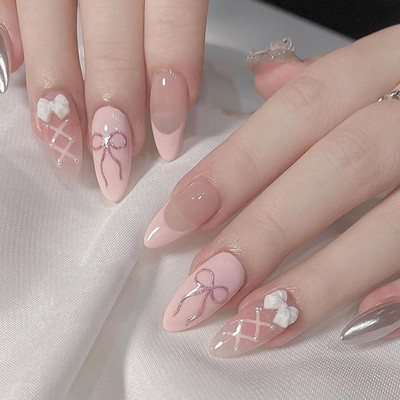 NAKHI 24 Artificial Fake Nail Set |Base peach color with White Bow Design Glossy Nails White(Pack of 24)