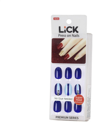 Lick - Press on Nails 30 Pcs Navy Blue Artificial Reusable False _ Extension With Application Kit-831 Oval Shape Navy Blue With Stripe Print(Pack of 30)