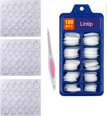 lintip 100pc Artificial Nails + Nail Filer +3 sheet Double Sided Nail Glue Sticker White(Pack of 100)