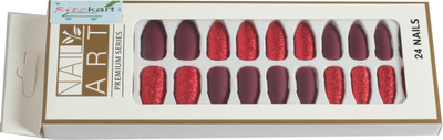 Ritzkart 24 pcs Sparkle 2 in 1 red maroon color Fake Nails Manicure Set for Girls .. Red & Maroon(Pack of 24)