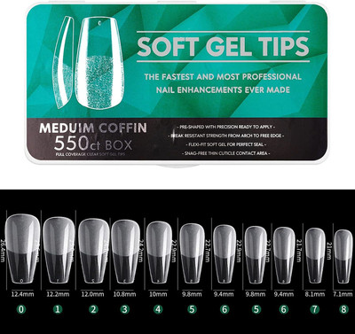 NAILWIND Soft Gel Full Cover Nails,Fake Nail Extension, Medium Coffin-Green CLEAR(Pack of 550)