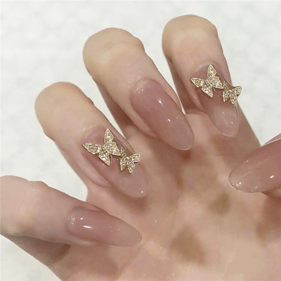 The Pink Truck Set of 24 Artificial reusable Nails in Golden color with butterfly with glue Beige, Golden(Pack of 24)